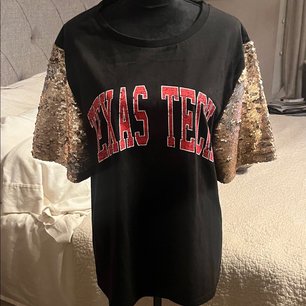 Texas Tech Black Tee with Gold Sequin Sleeves